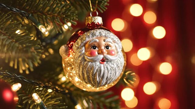 Christmas ornament depicting a festive santa claus in warm lighting