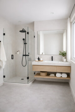 Modern Scandinavian Bathroom Interior with Wooden Vanity and Walk-In Shower
