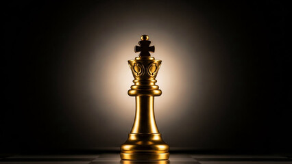 Golden chess king piece glowing subtly against dark gradient background.