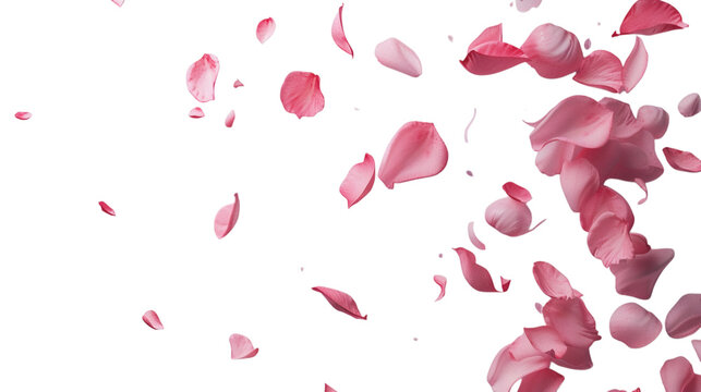 Floating pink rose petals with soft textures on a white background