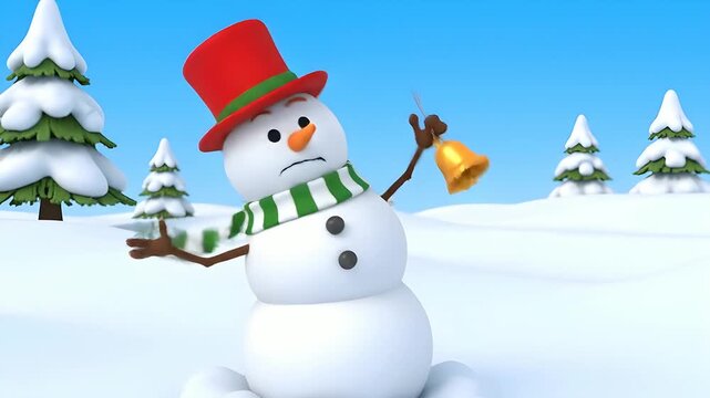 Snowman character with an annoyed facial expression holding a gold bell for funny holiday animations or children's winter stories