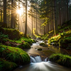 Sunlight streams through a misty forest (3)