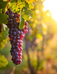 Sun-drenched grapes hanging from vine