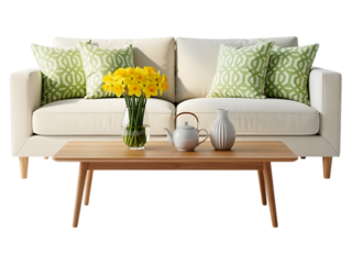 White couch with green pillows and yellow flowers on coffee table couch, sofa, white couch, green pillows, yellow flowers, coffee table, vase, teapot, home decor, furniture, interior living room, deco