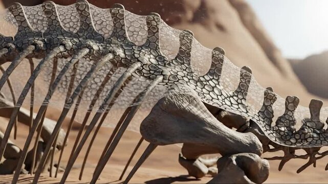 Close-up of a detailed skeleton of a desert-dwelling reptile with textured scales and elongated