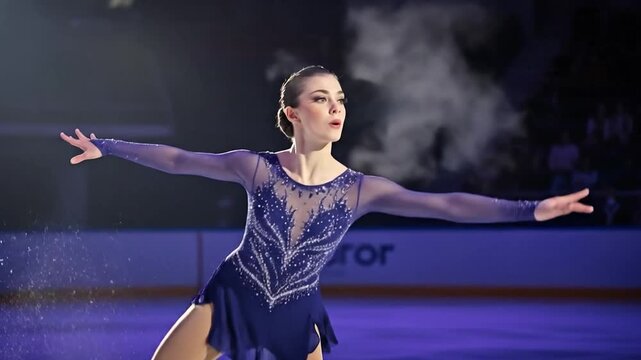 Figure skater performing solo routine on ice, radiating passion