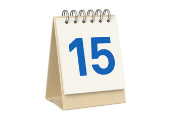 Desk calendar showing number 15, symbolizing a significant date, scheduling, time management, or a specific day. Transparent background