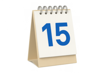 Desk calendar showing number 15, symbolizing a significant date, scheduling, time management, or a specific day. Transparent background