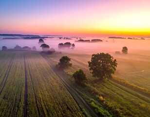 Sunrise over a misty field