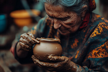 Person shaping clay bowl by hand on spinning wheel in traditional workshop using generative ai