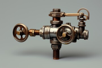 Intricate steampunk inspired valve showcasing copper and steel pipes, levers, and wheels, capturing industrial design elements