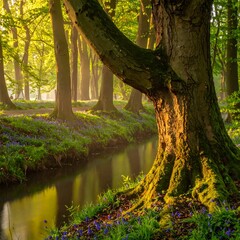 Sunlight streams through a misty forest, illuminating a canal lined with trees and wildflowers