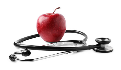 Ripe apple and stethoscope isolated on white