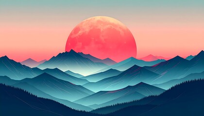 Sunrise over a misty mountain range with a large red moon