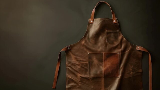 Video A leather apron hangs on the wall with a rustic background, suitable for a workshop or rustic decor