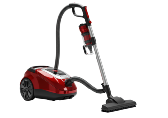 A futuristic cherry red canister vacuum cleaner isolated on a transparent background with copy space for product display, concept of modern cleaning technology