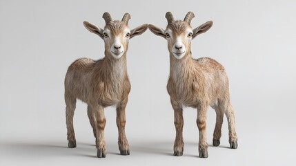 Two adorable toy goats standing side by side on a plain background