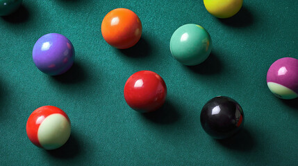 Colorful billiard balls scattered on the table.