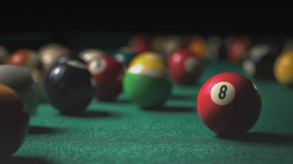 Colorful billiard balls scattered on the table.