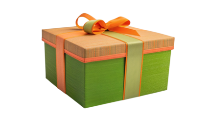 Green and orange gift box with ribbon isolated on white background