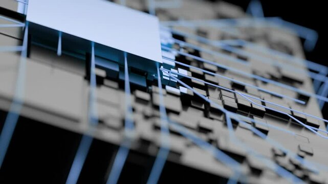 Close-up view of a metal grid with white rectangular objects attached, against a blurred dark background with a shallow depth of field.