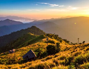 Sunrise over mountain valley with huts