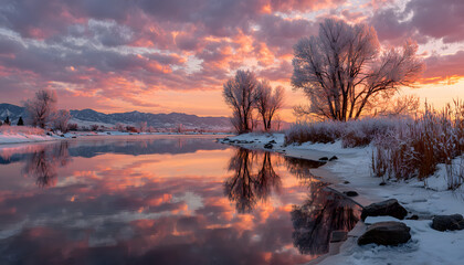 Winter lake sunrise panorama