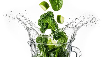 Fresh green vegetables and apple pieces falling into a blender with a dynamic water splash, set against a clean white background.