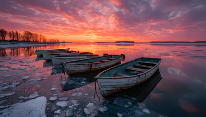 Frozen lake sunrise with boats