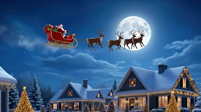 Santa Claus flies his sleigh pulled by Reindeer across a night sky on Christmas Eve. Below, decorated houses celebrate merry christmas with festive lights and trees