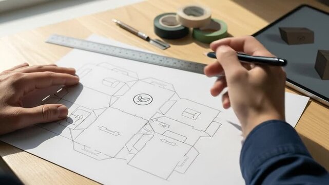 Hands sketching sustainable packaging prototype design mockup