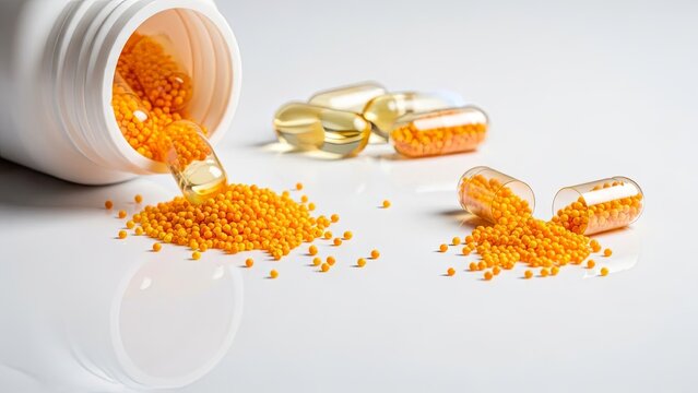 Orange granular pills spilling from a white bottle and scattered on a reflective surface.