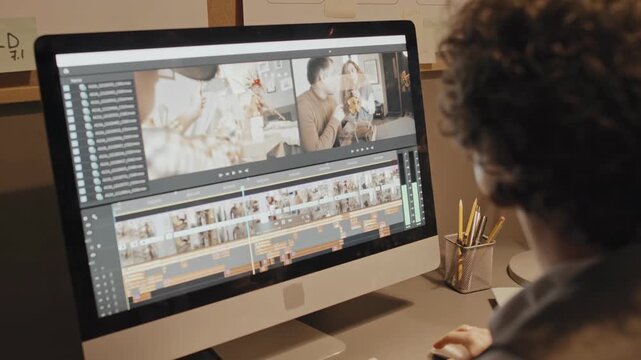 Person working on a computer with video editing software on the screen in a home office