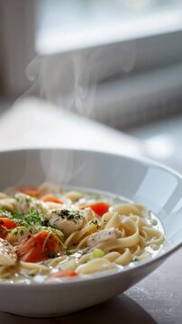 Cremige H&uuml;hnernudelsuppe in wei&szlig;er Sch&uuml;ssel