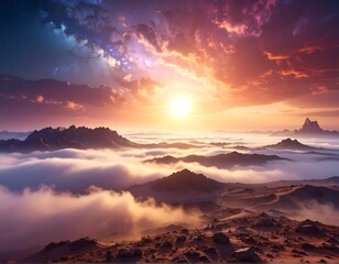 Sunrise over a mystical mountain range shrouded in clouds