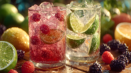 dry january mocktail bar, colorful fruit-infused sparkling water bar, adorned with lime, lemon, and berries, celebrates dry january in a vibrant scene