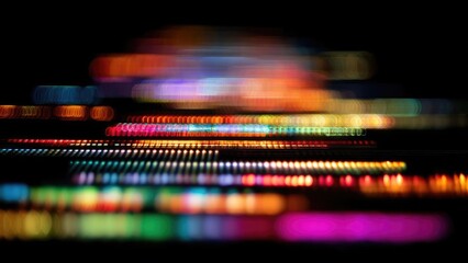 Long-exposure photo of colorful neon lights creating horizontal rainbow streaks across a dark background. Concept Long-exposure Photography, Neon Light Trails, Colorful Rainbow Streaks