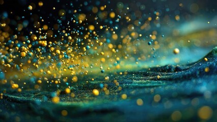 Tiny yellow and blue beads float in teal liquid, creating a glittering dreamlike macro scene. Concept Macro photography, Beads in liquid, Teal tones, Dreamlike glow, Glittering texture
