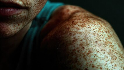 Close-up of freckled shoulder with many brown spots, and part of a freckled face in dim light. Concept Freckled skin close-up, Dim light portrait, Shoulder and face freckles