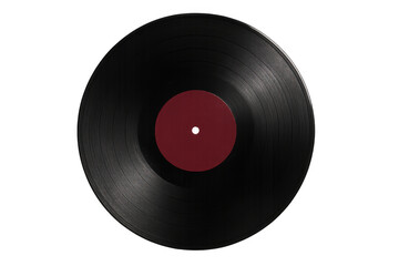Black vinyl record with red label, old school music, retro sound playing, classic audio entertainment, vintage style media