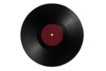 Black vinyl record with red label, old school music, retro sound playing, classic audio entertainment, vintage style media