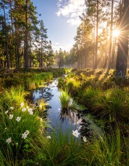 Sunlight streams through a tranquil forest stream