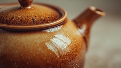 A close-up of a brown ceramic teapot with a chipped white glaze patch. Concept Close-up teapot, Brown ceramic, Chipped glaze, Rustic kitchen decor, Wabi-sabi imperfection