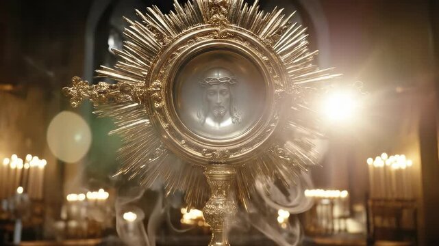 Sacred Corpus Christi relic, divine countenance, holy presence, veneration, solemn atmosphere, adoration, spiritual devotion, illuminated altar, eternal light, ritualistic significance, eternal grace,
