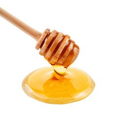 Honey Drips From a Wooden Dipper Onto a Smooth Surface in a Bright Setting With Natural Light