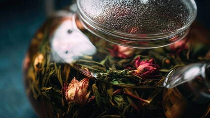 Glass teapot with loose-leaf tea and dried rose petals. Concept Glass teapot, Loose-leaf tea, Dried rose petals, Cozy tea scene, Studio still life