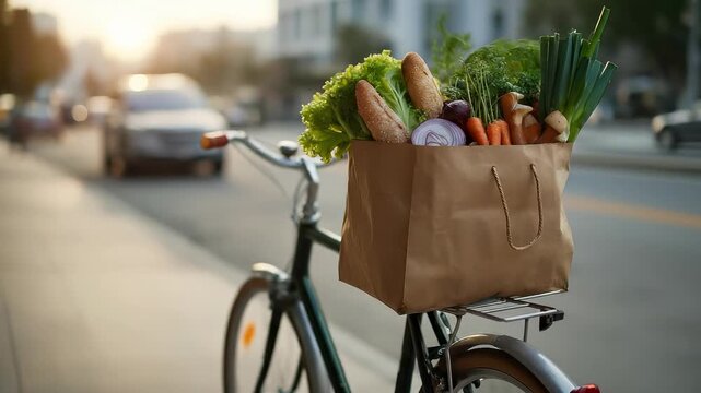 Sustainable food delivery: fresh farm produce, artisan bread, and organic vegetables filling a brown paper bag, secured on a bicycle for urban daily provisions, sunlit street view.