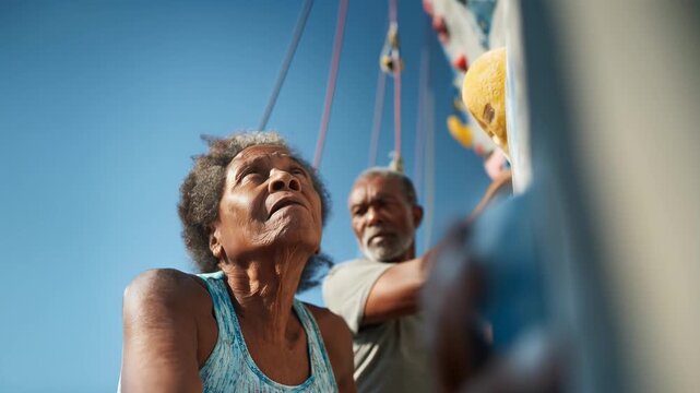 Senior African American woman rock climbing, 60s, with supportive husband assisting. Determined climb, outdoor activity, healthy lifestyle, and active aging concept. Enjoying recreation together.