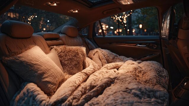 Back seat transformed into a cozy bed with plush blankets and pillows inside a car. Concept Cozy Car Interior, Back Seat Bed, Plush Blankets & Pillows, Car Lifestyle Photography, Homey Travel Vibes