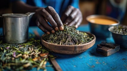 Hands sort and filter dried tea leaves on a wooden plate beside a metal cup and a pot. Concept Tea preparation, Hand sorting tea leaves, Dried tea leaves, Wooden plate, Metal cup and pot